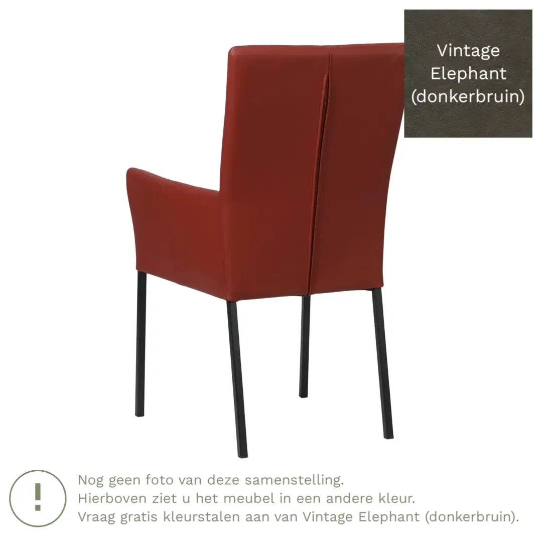 afbeelding van Leren eetkamerstoel Daily met armleuning - Vintage Elephant (donkerbruin) - Poten staal vierkant RVS