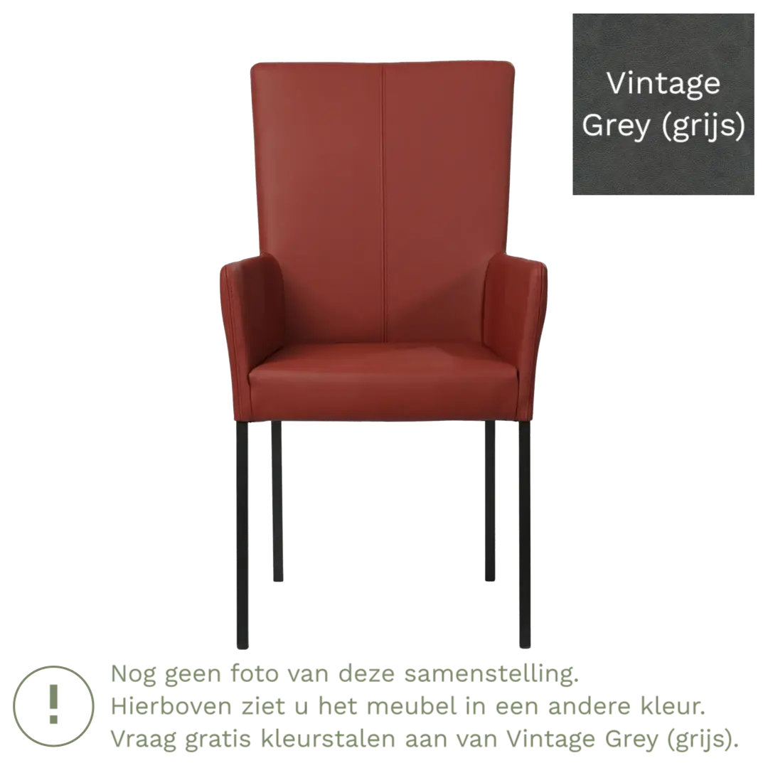 afbeelding van Leren eetkamerstoel Daily met armleuning - Vintage Grey (grijs) - Poten staal vierkant RVS