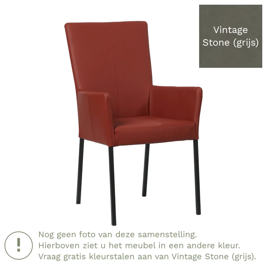 afbeelding van Leren eetkamerstoel Daily met armleuning - Vintage Stone (grijs) - Poten staal vierkant RVS
