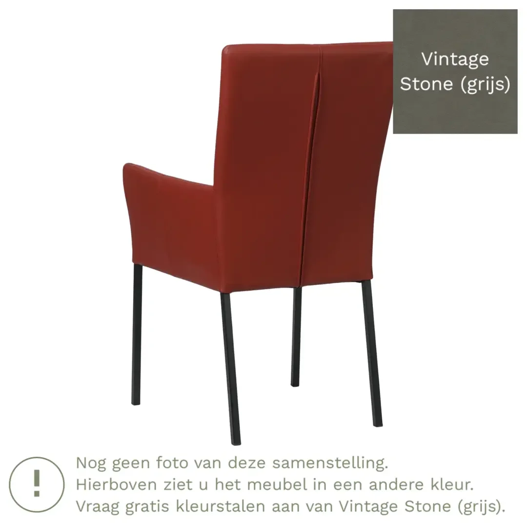 afbeelding van Leren eetkamerstoel Daily met armleuning - Vintage Stone (grijs) - Poten staal vierkant RVS