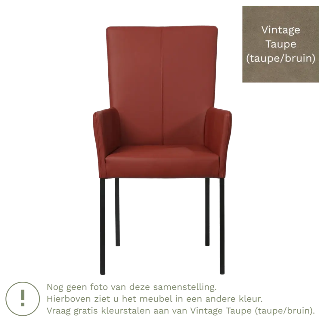 afbeelding van Leren eetkamerstoel Daily met armleuning - Vintage Taupe (taupe/bruin) - Poten staal vierkant RVS