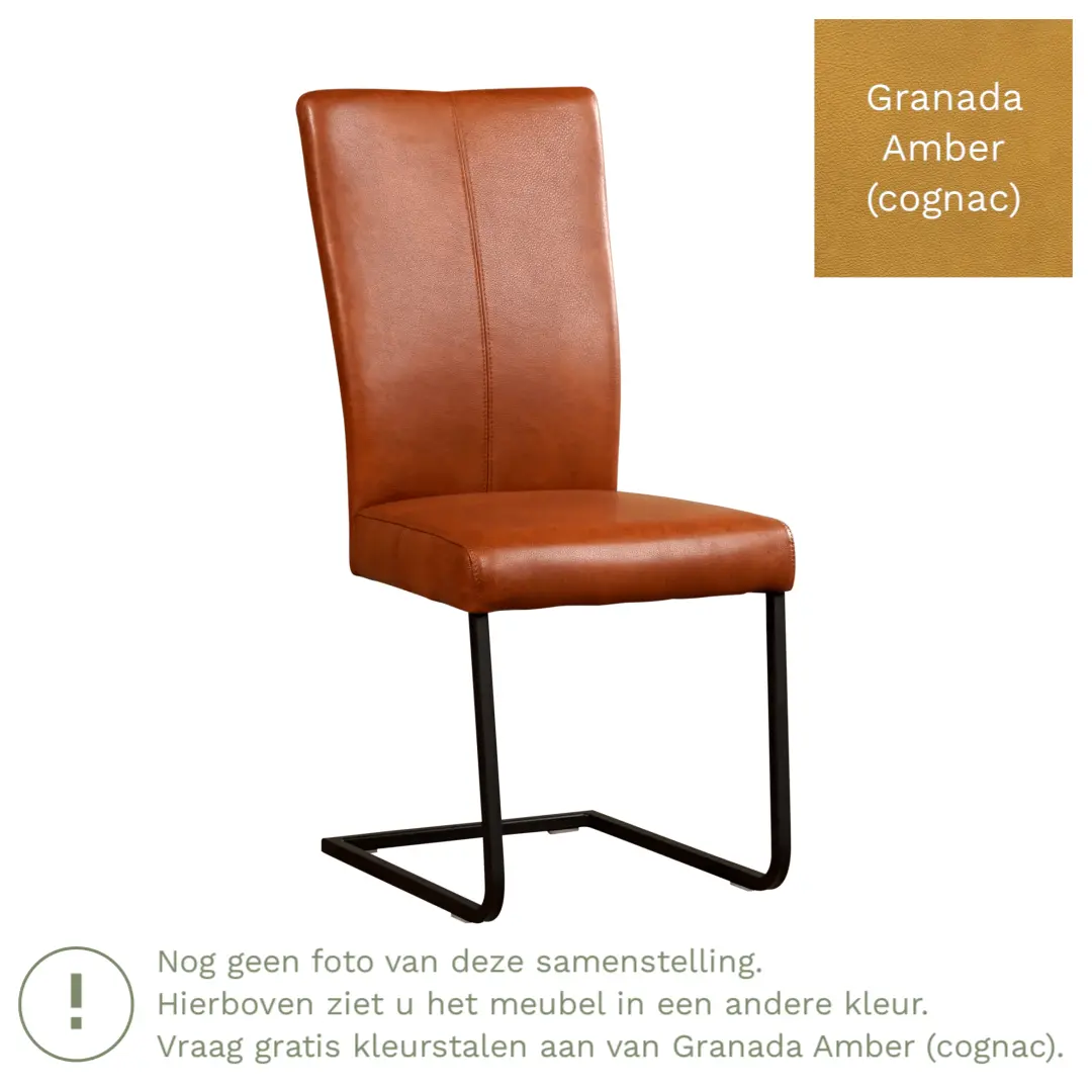 afbeelding van Leren eetkamerstoel Dare - Granada Amber (cognac) - Sledepoot staal vierkant RVS