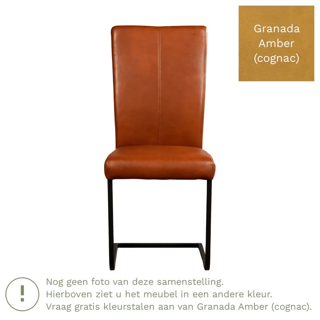 afbeelding van Leren eetkamerstoel Dare - Granada Amber (cognac) - Sledepoot staal vierkant RVS