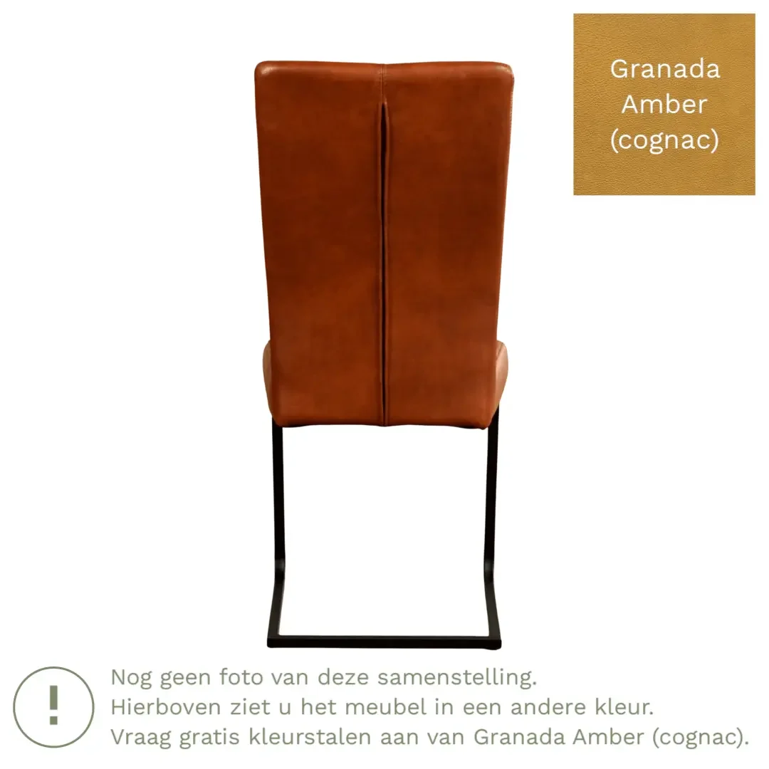 afbeelding van Leren eetkamerstoel Dare - Granada Amber (cognac) - Sledepoot staal vierkant RVS