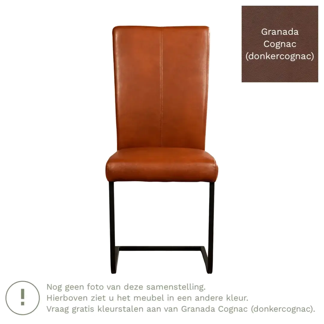 afbeelding van Leren eetkamerstoel Dare - Granada Cognac (donkercognac) - Sledepoot staal vierkant zwart