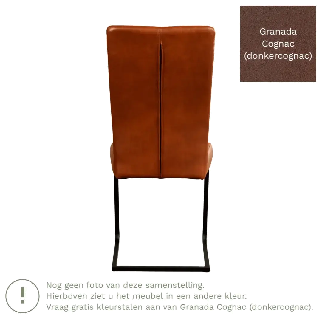 afbeelding van Leren eetkamerstoel Dare - Granada Cognac (donkercognac) - Sledepoot staal vierkant zwart