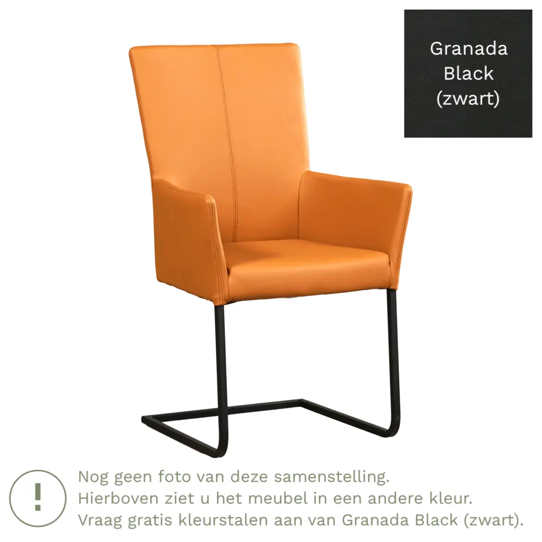 afbeelding van Leren eetkamerstoel Dare met armleuning - Granada Black (zwart) - Sledepoot staal vierkant RVS