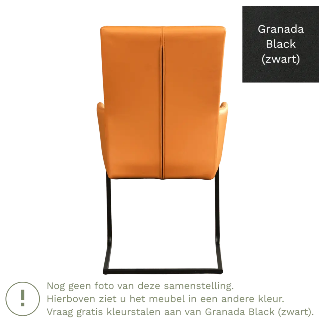afbeelding van Leren eetkamerstoel Dare met armleuning - Granada Black (zwart) - Sledepoot staal vierkant RVS