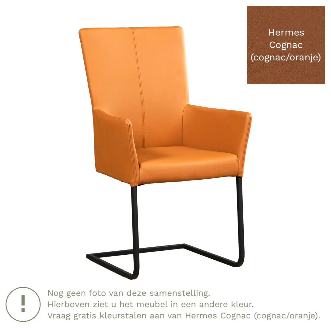 afbeelding van Leren eetkamerstoel Dare met armleuning - Hermes Cognac (cognac/oranje) - Sledepoot staal vierkant RVS