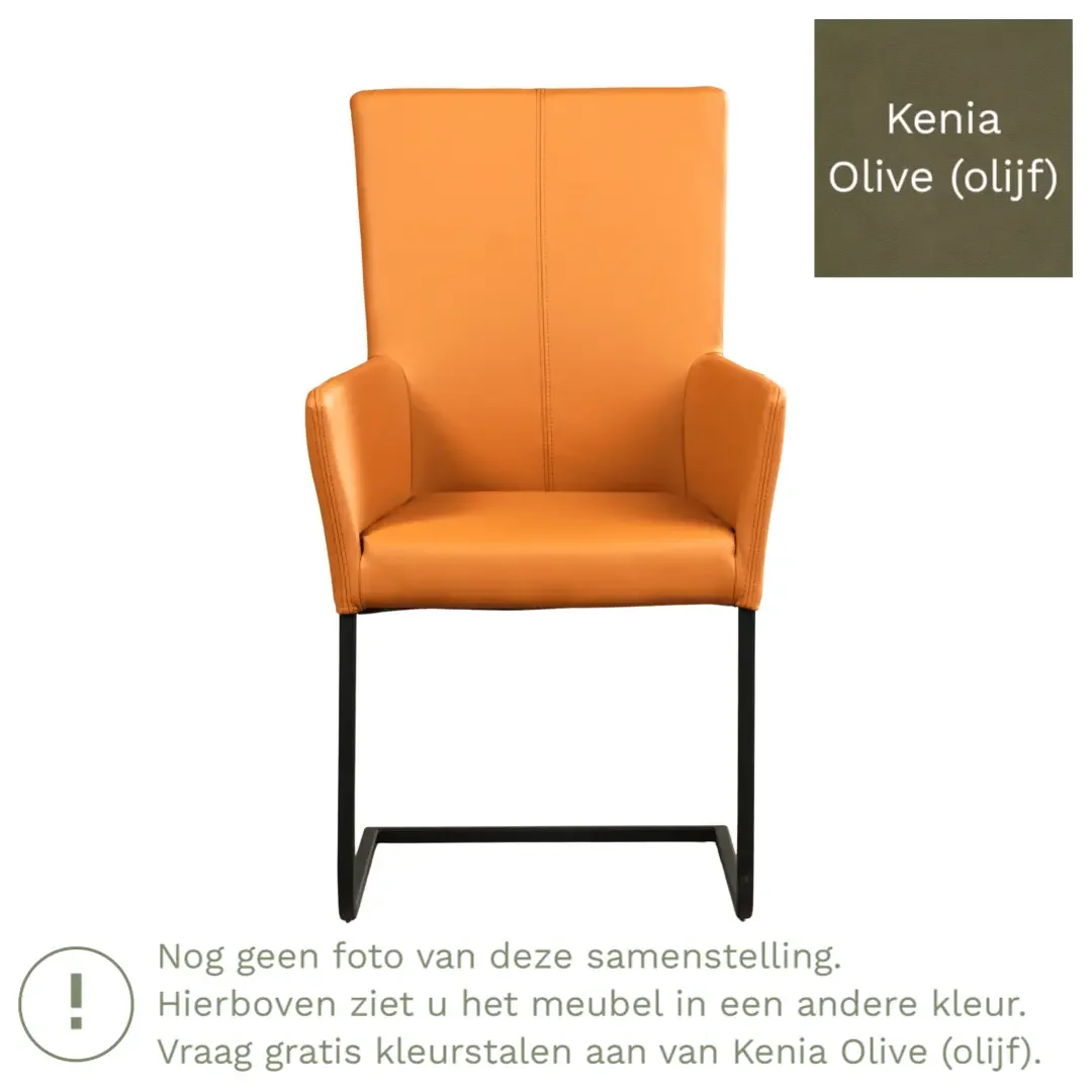 afbeelding van Leren eetkamerstoel Dare met armleuning - Kenia Olive (olijf) - Sledepoot staal vierkant zwart
