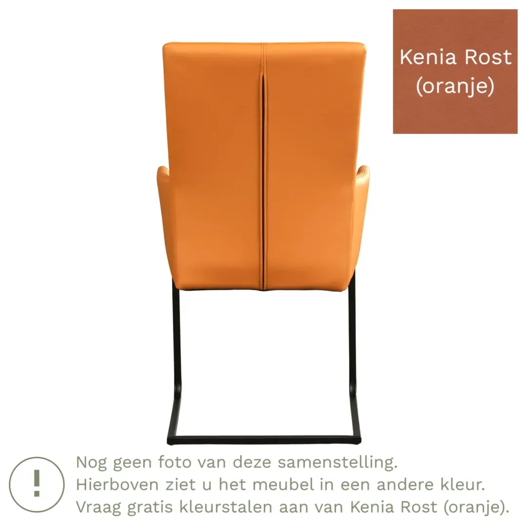 afbeelding van Leren eetkamerstoel Dare met armleuning - Kenia Rost (oranje) - Sledepoot staal vierkant zwart