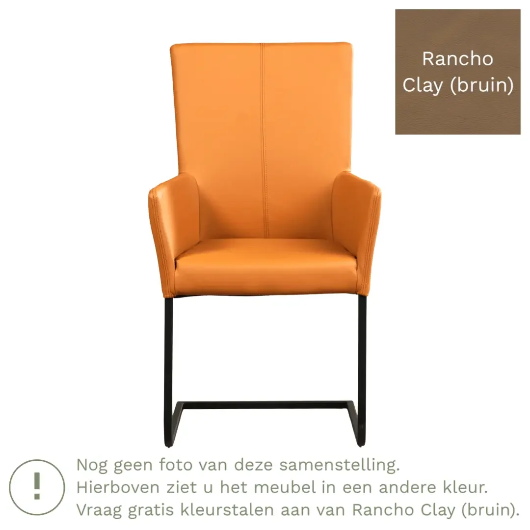 afbeelding van Leren eetkamerstoel Dare met armleuning - Rancho Clay (bruin) - Sledepoot staal vierkant RVS