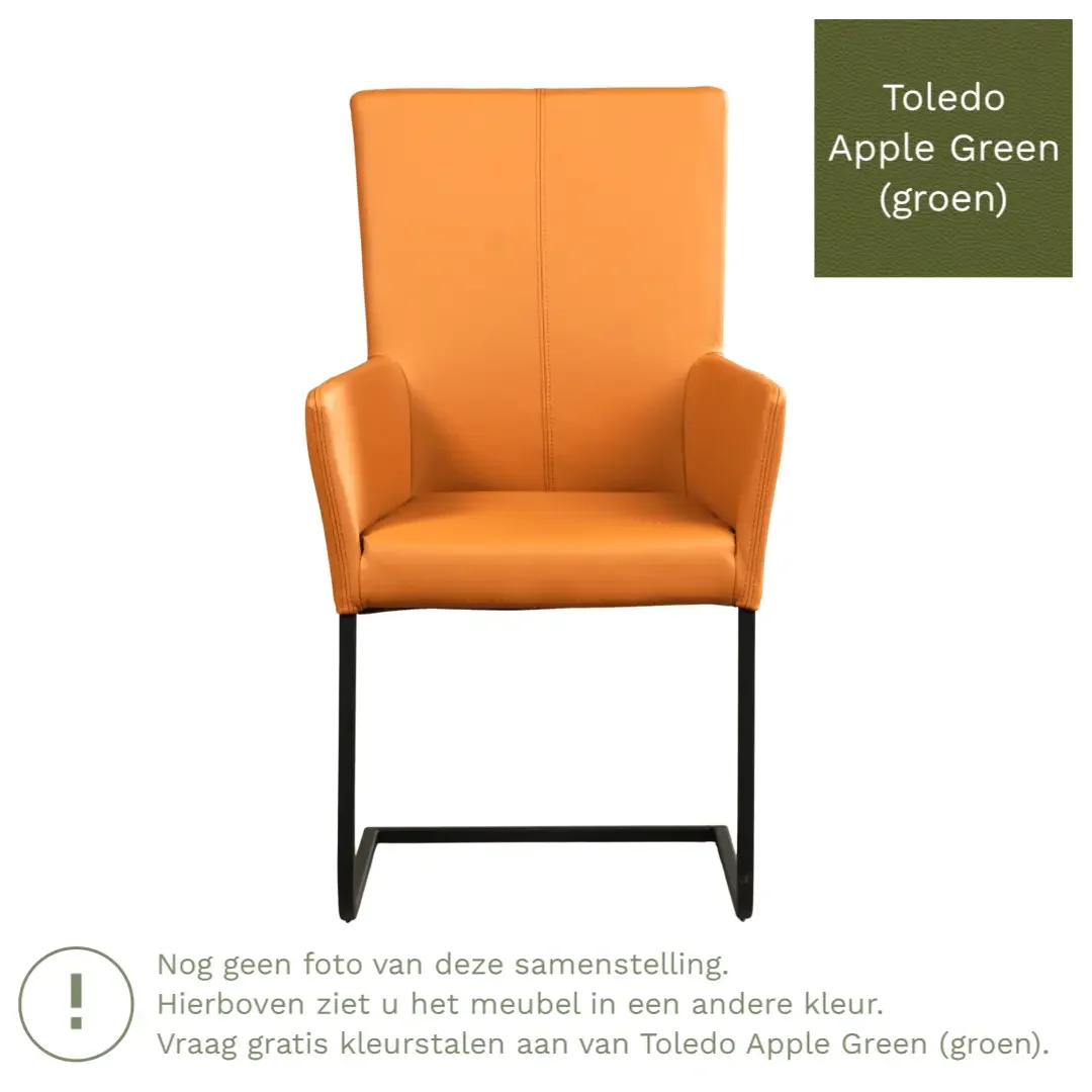 afbeelding van Leren eetkamerstoel Dare met armleuning - Toledo Apple Green (groen) - Sledepoot staal vierkant RVS