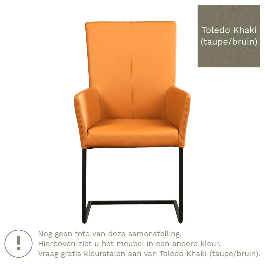 afbeelding van Leren eetkamerstoel Dare met armleuning - Toledo Khaki (taupe/bruin) - Sledepoot staal vierkant RVS