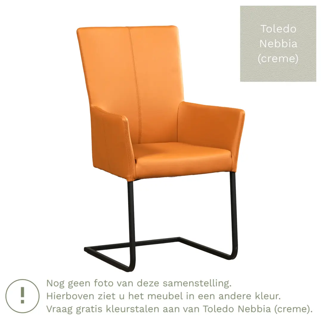 afbeelding van Leren eetkamerstoel Dare met armleuning - Toledo Nebbia (crème) - Sledepoot staal vierkant RVS