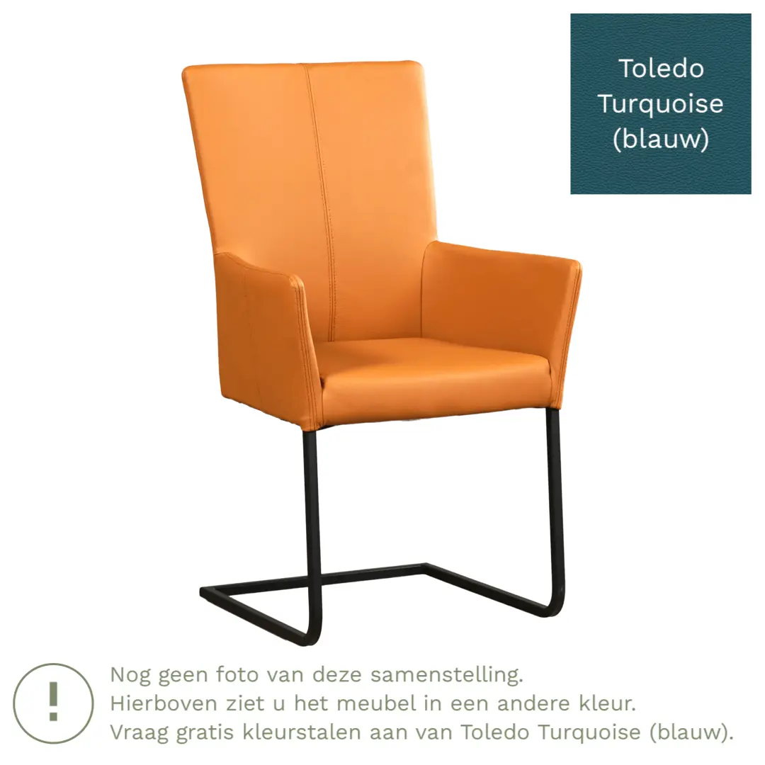 afbeelding van Leren eetkamerstoel Dare met armleuning - Toledo Turquoise (blauw) - Sledepoot staal vierkant zwart