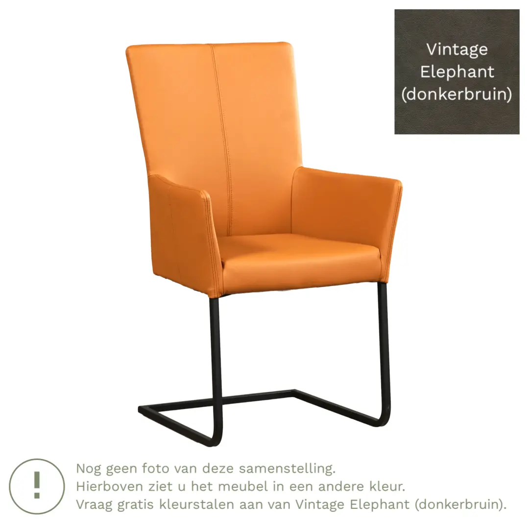 afbeelding van Leren eetkamerstoel Dare met armleuning - Vintage Elephant (donkerbruin) - Sledepoot staal vierkant RVS
