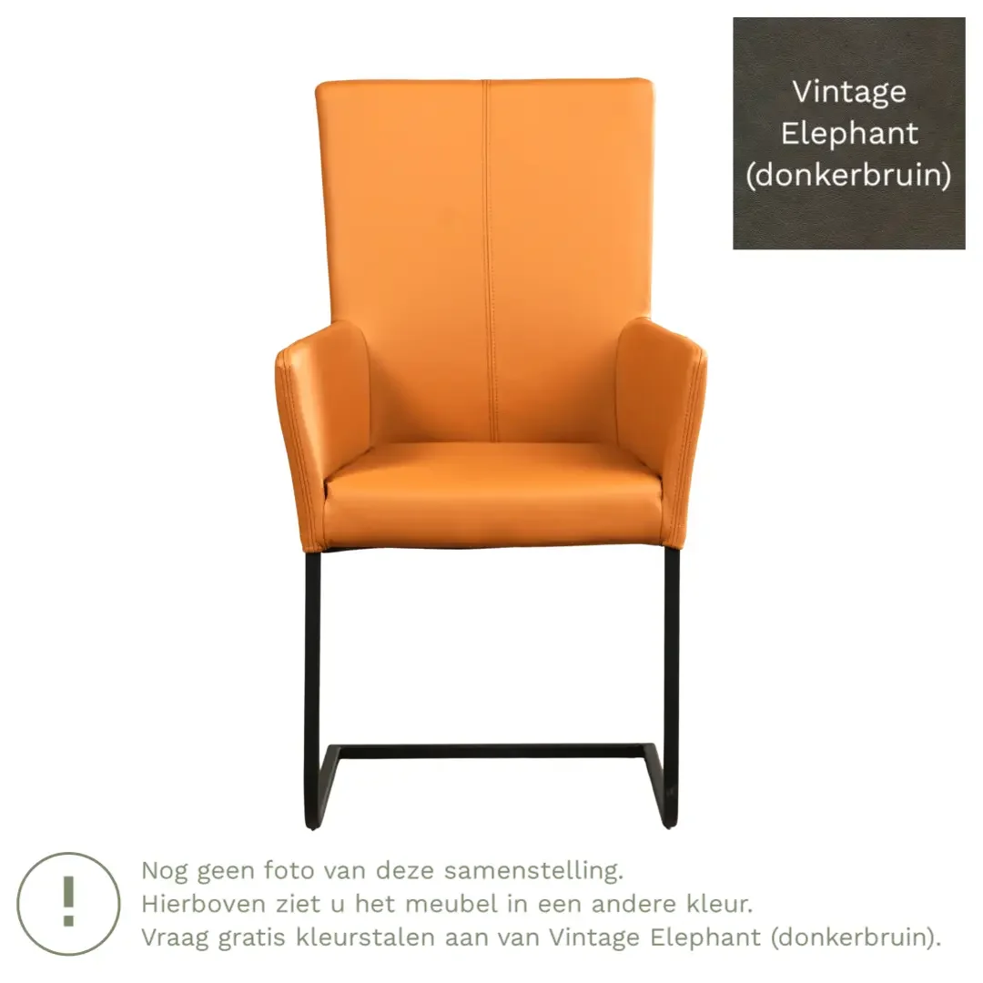 afbeelding van Leren eetkamerstoel Dare met armleuning - Vintage Elephant (donkerbruin) - Sledepoot staal vierkant RVS