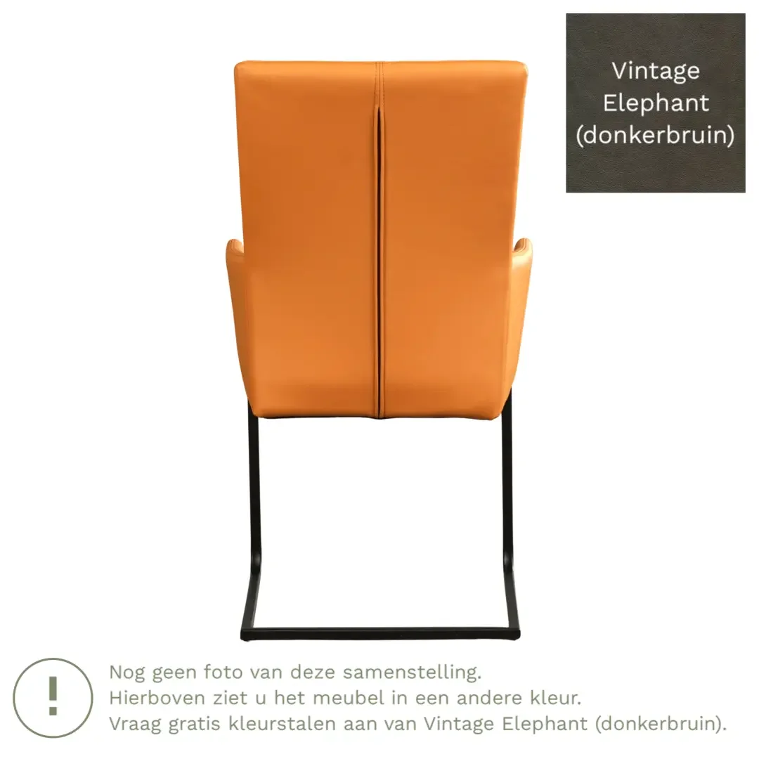 afbeelding van Leren eetkamerstoel Dare met armleuning - Vintage Elephant (donkerbruin) - Sledepoot staal vierkant RVS