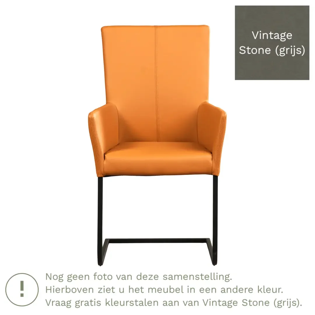 afbeelding van Leren eetkamerstoel Dare met armleuning - Vintage Stone (grijs) - Sledepoot staal vierkant zwart