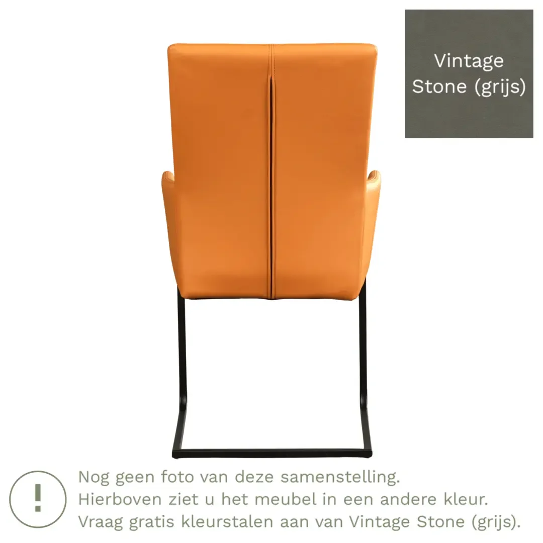 afbeelding van Leren eetkamerstoel Dare met armleuning - Vintage Stone (grijs) - Sledepoot staal vierkant zwart