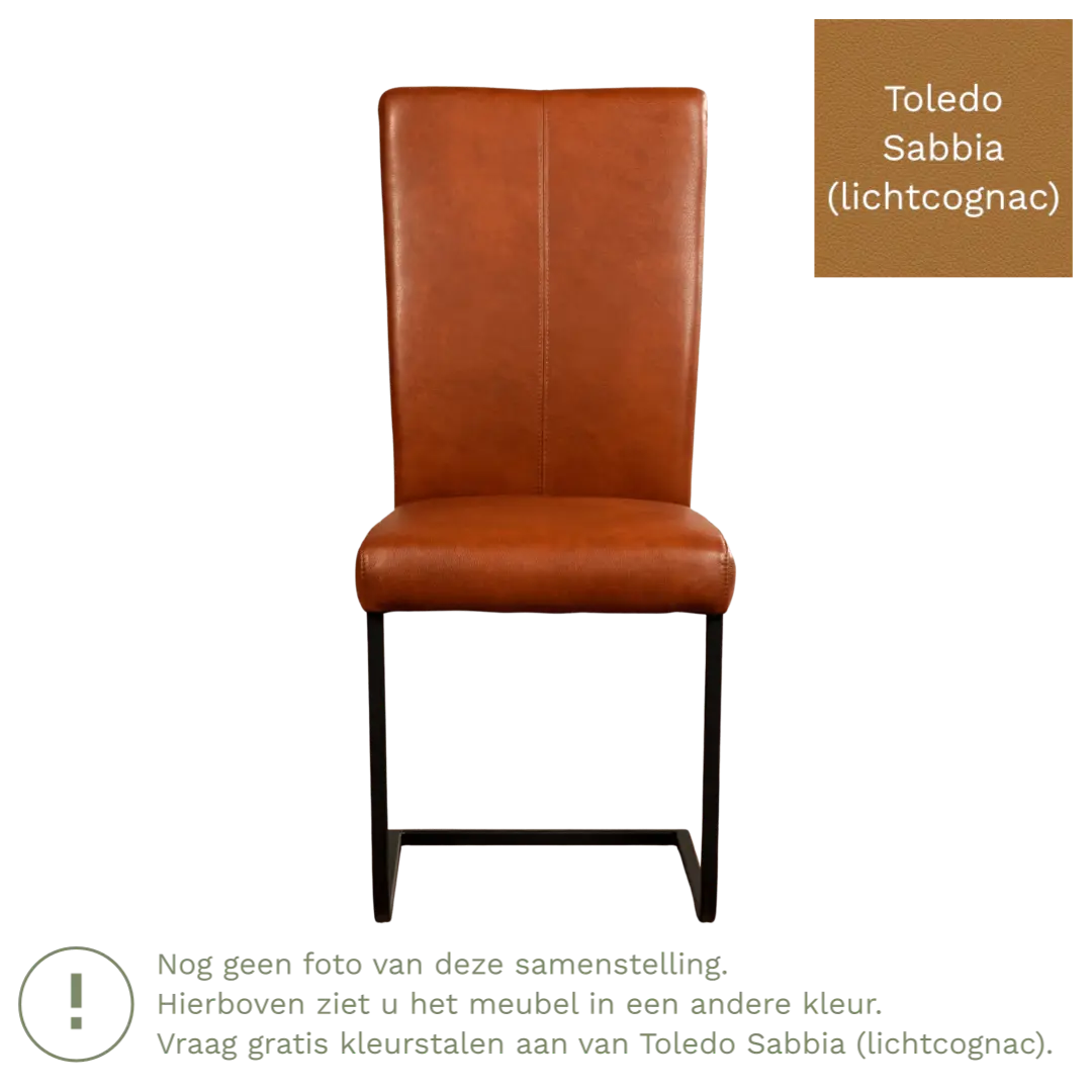 afbeelding van Leren eetkamerstoel Dare - Toledo Sabbia (lichtcognac) - Sledepoot staal vierkant zwart