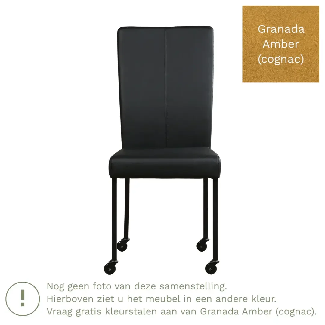 afbeelding van Leren eetkamerstoel Deal - Granada Amber (cognac) - Poten staal vierkant zwart