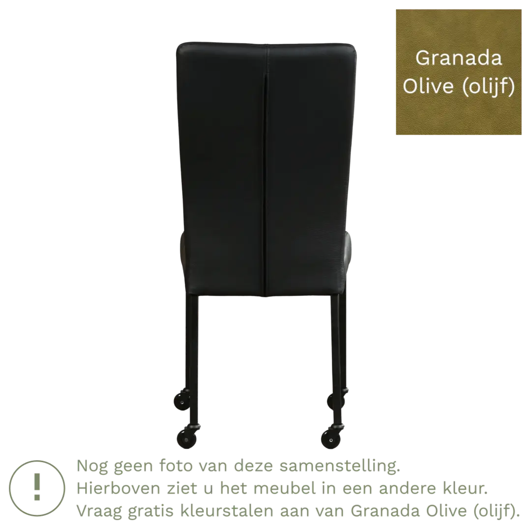 afbeelding van Leren eetkamerstoel Deal - Granada Olive (olijf) - Poten staal vierkant zwart