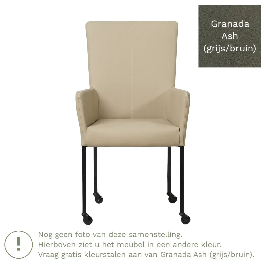 afbeelding van Leren eetkamerstoel Deal met armleuning - Granada Ash (grijs/bruin) - Poten staal vierkant zwart
