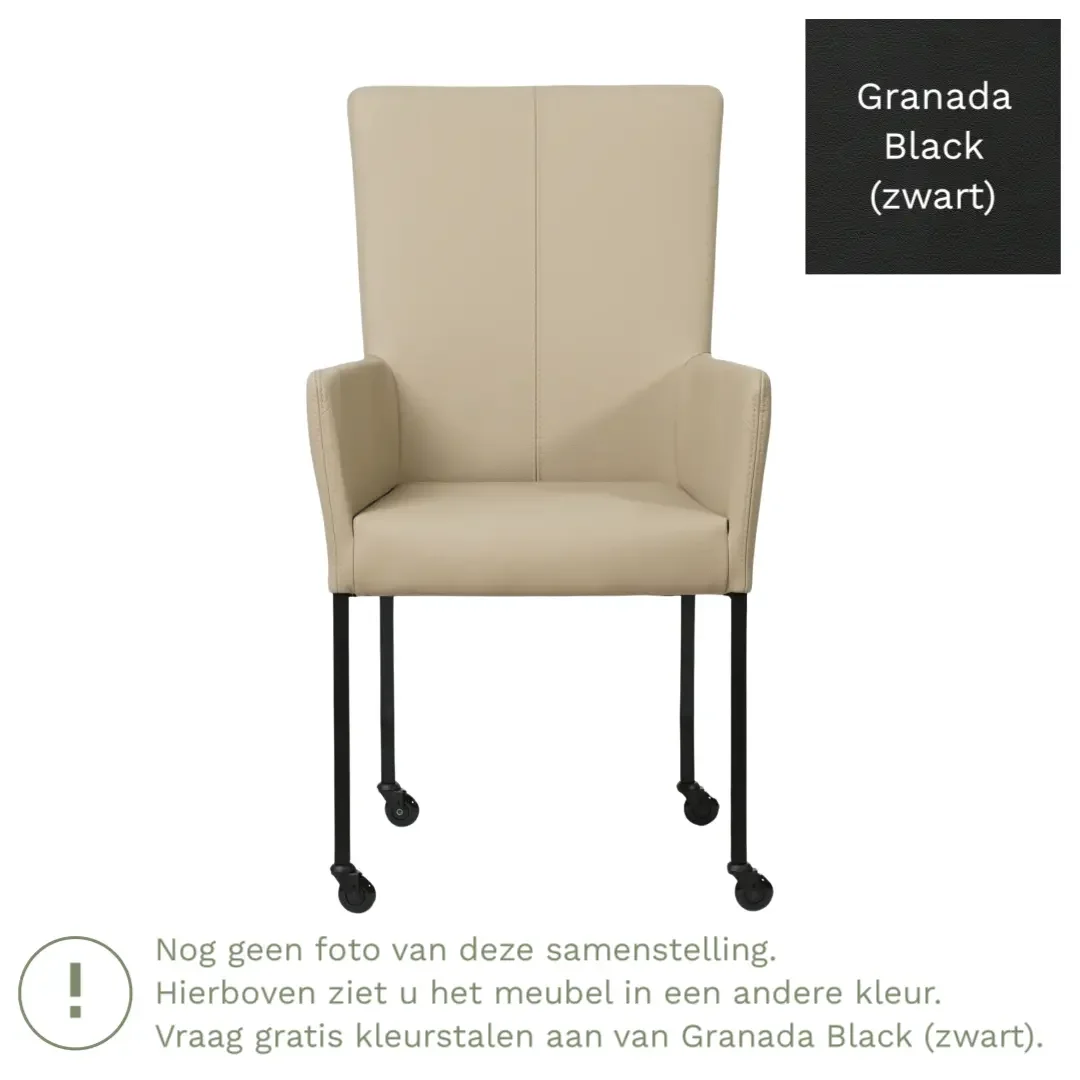 afbeelding van Leren eetkamerstoel Deal met armleuning - Granada Black (zwart) - Poten staal vierkant RVS