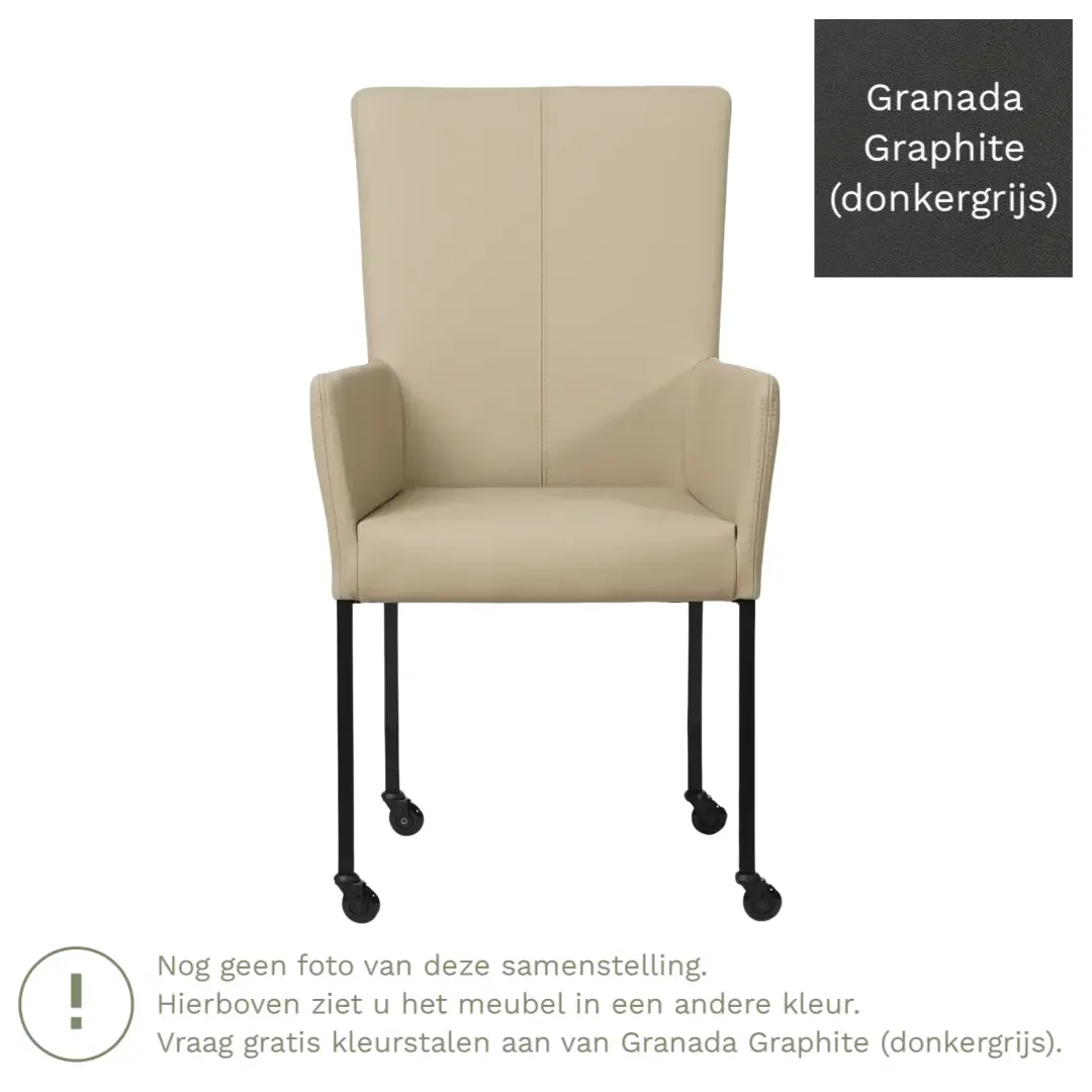 afbeelding van Leren eetkamerstoel Deal met armleuning - Granada Graphite (donkergrijs) - Poten staal vierkant zwart