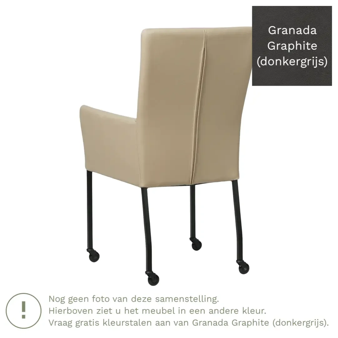 afbeelding van Leren eetkamerstoel Deal met armleuning - Granada Graphite (donkergrijs) - Poten staal vierkant zwart
