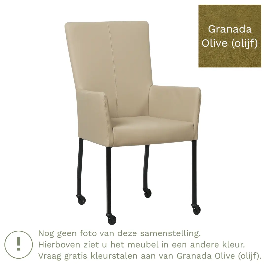 afbeelding van Leren eetkamerstoel Deal met armleuning - Granada Olive (olijf) - Poten staal vierkant RVS
