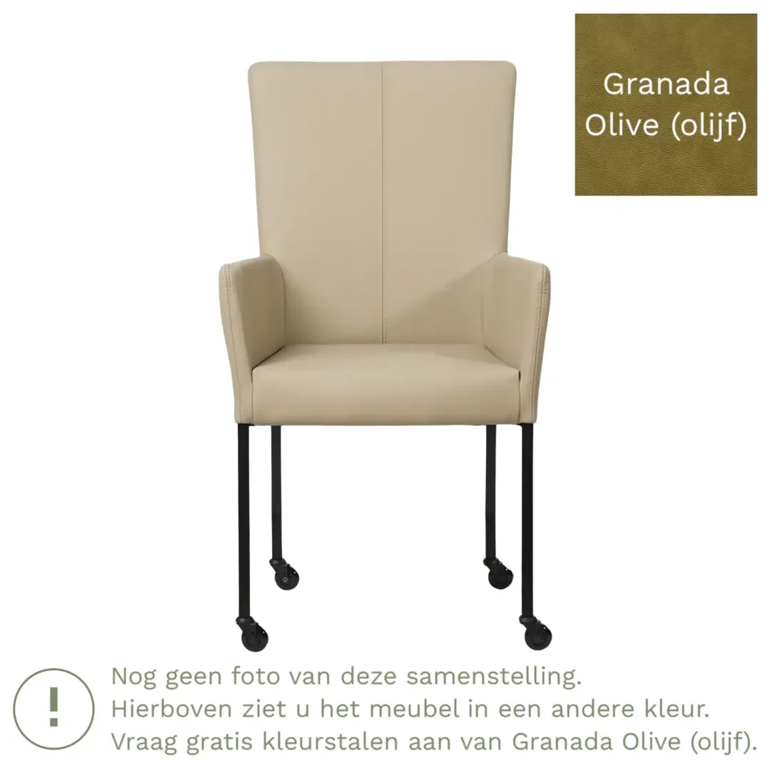 afbeelding van Leren eetkamerstoel Deal met armleuning - Granada Olive (olijf) - Poten staal vierkant RVS