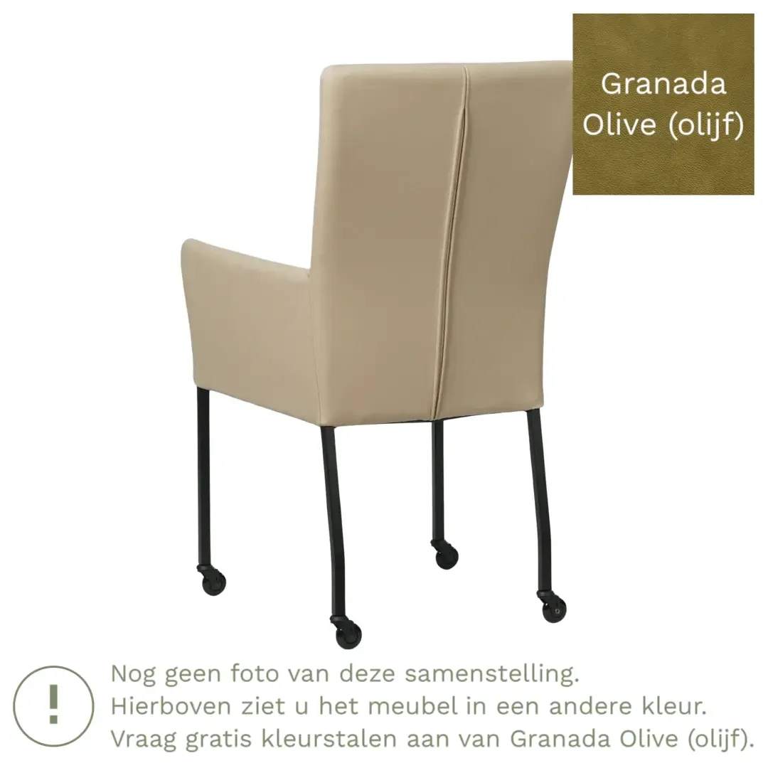 afbeelding van Leren eetkamerstoel Deal met armleuning - Granada Olive (olijf) - Poten staal vierkant RVS