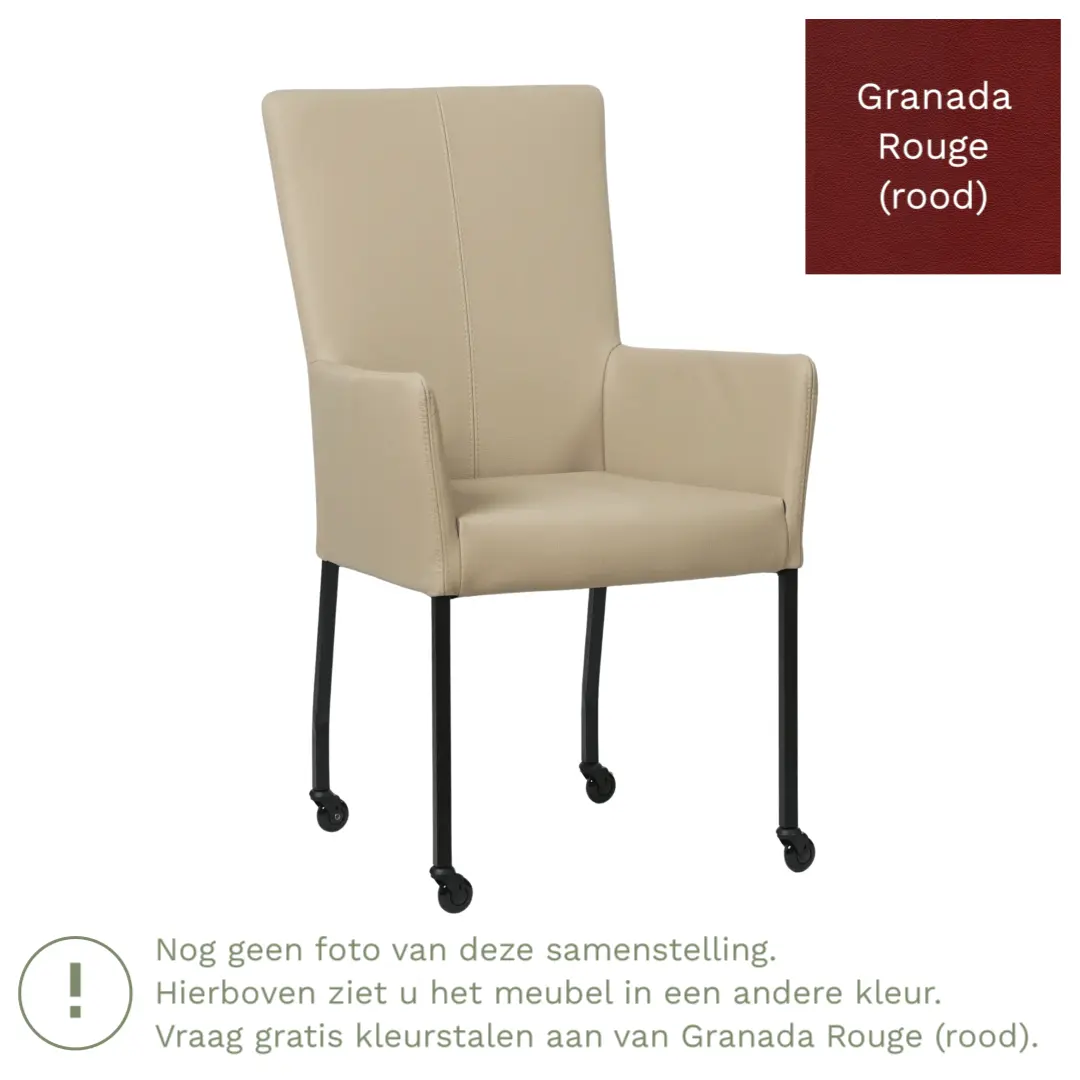 afbeelding van Leren eetkamerstoel Deal met armleuning - Granada Rouge (rood) - Poten staal vierkant zwart