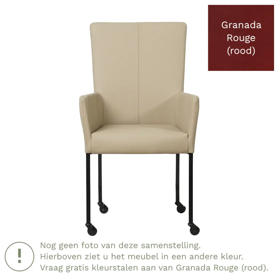 afbeelding van Leren eetkamerstoel Deal met armleuning - Granada Rouge (rood) - Poten staal vierkant zwart