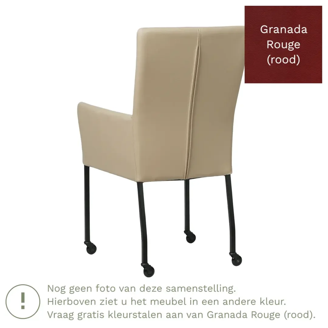afbeelding van Leren eetkamerstoel Deal met armleuning - Granada Rouge (rood) - Poten staal vierkant zwart