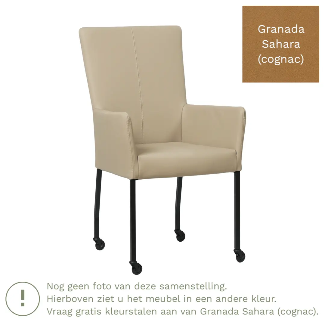afbeelding van Leren eetkamerstoel Deal met armleuning - Granada Sahara (cognac) - Poten staal vierkant zwart