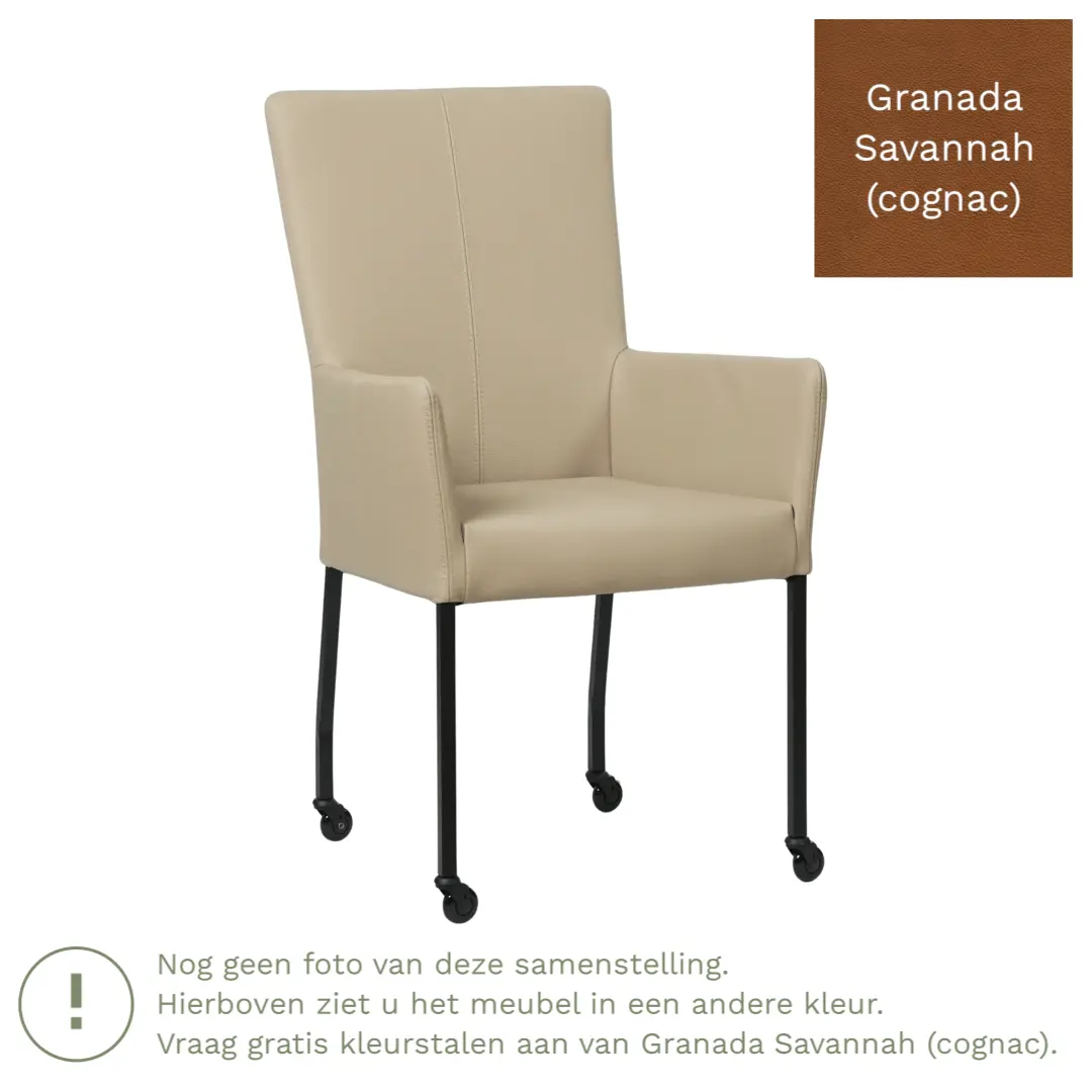afbeelding van Leren eetkamerstoel Deal met armleuning - Granada Savannah (cognac) - Poten staal vierkant RVS