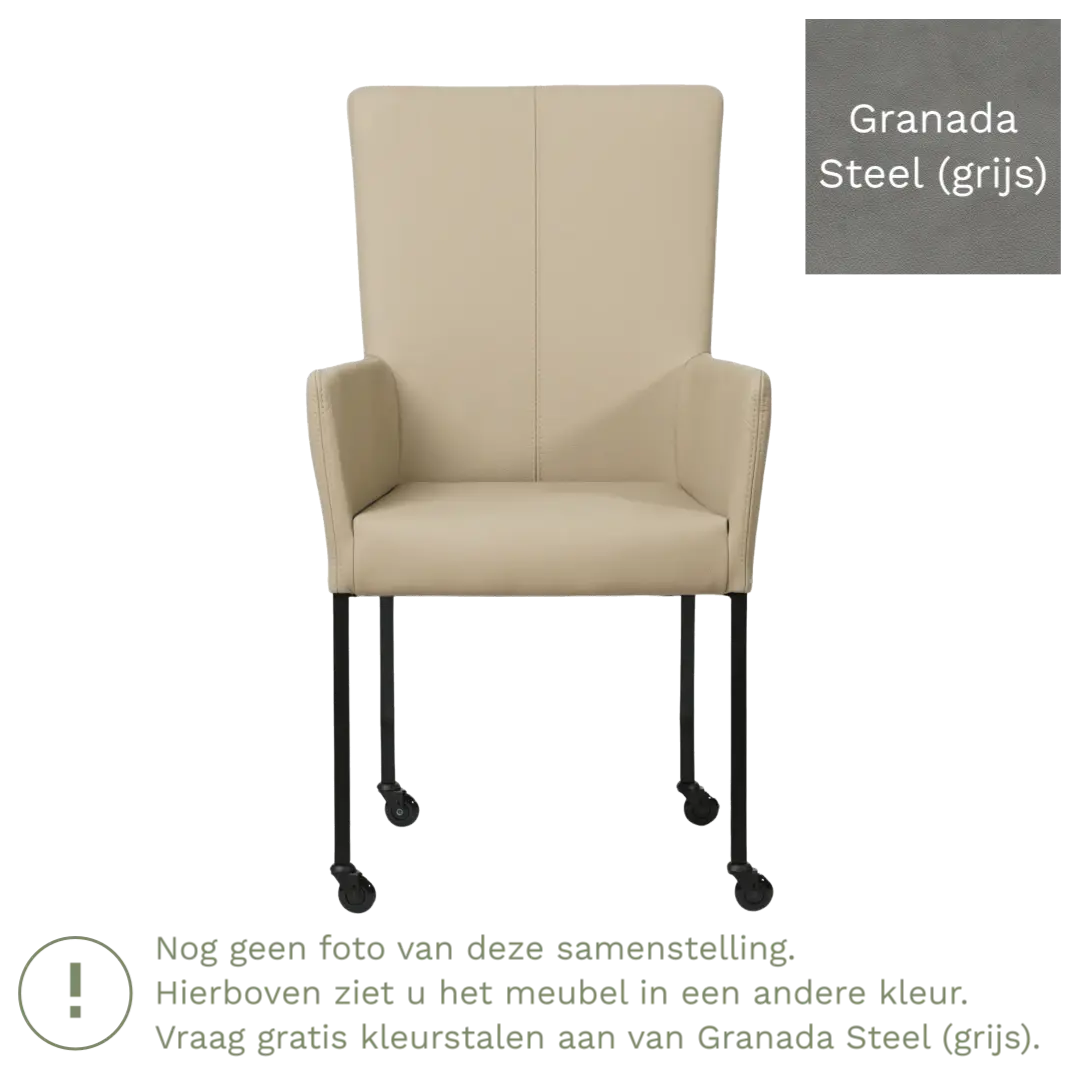 afbeelding van Leren eetkamerstoel Deal met armleuning - Granada Steel (grijs) - Poten staal vierkant zwart
