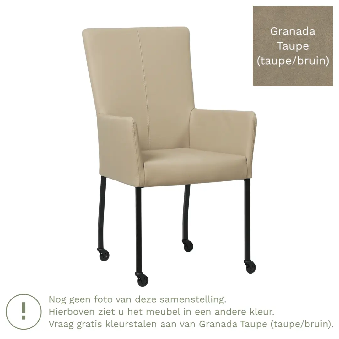 afbeelding van Leren eetkamerstoel Deal met armleuning - Granada Taupe (taupe/bruin) - Poten staal vierkant zwart