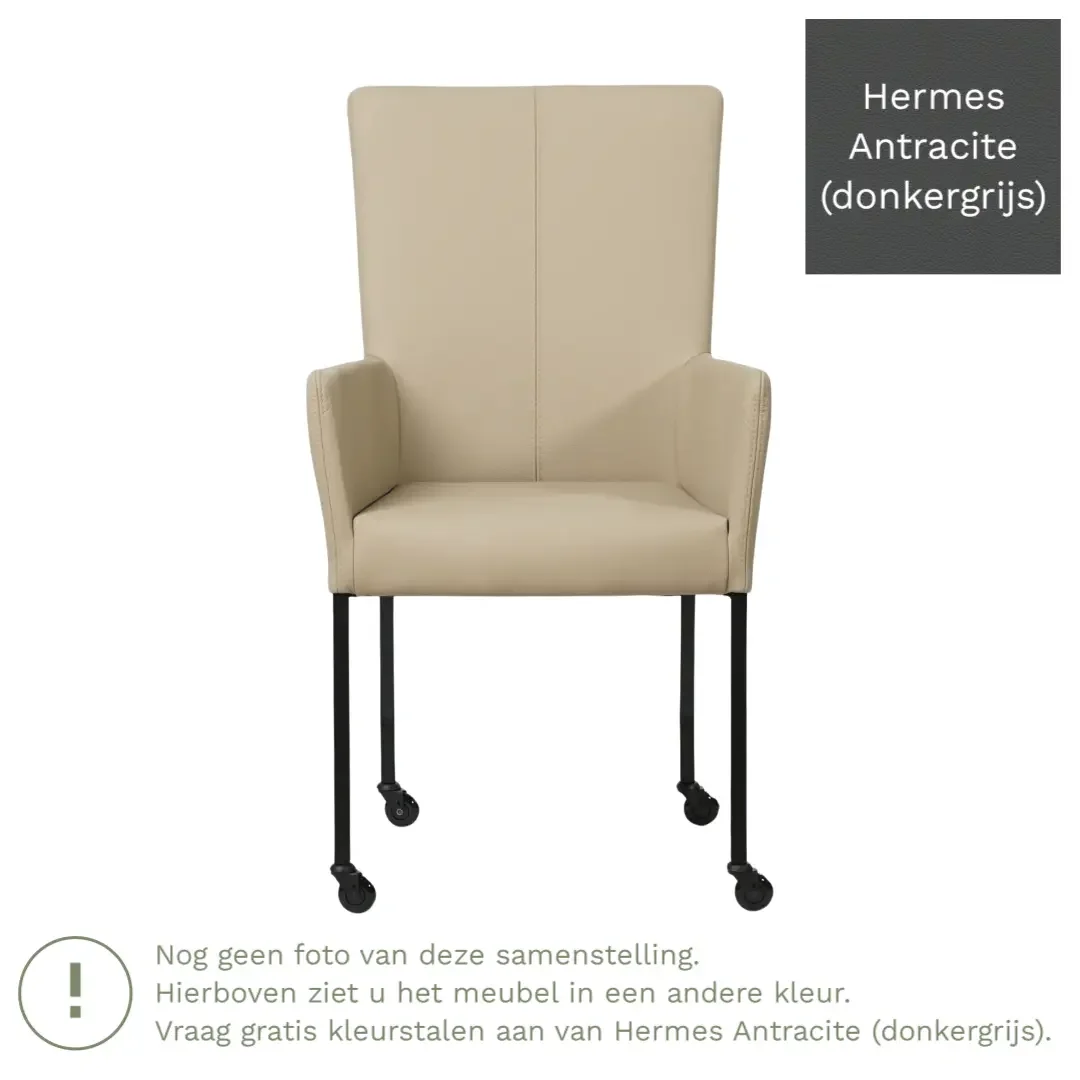 afbeelding van Leren eetkamerstoel Deal met armleuning - Hermes Antracite (donkergrijs) - Poten staal vierkant zwart