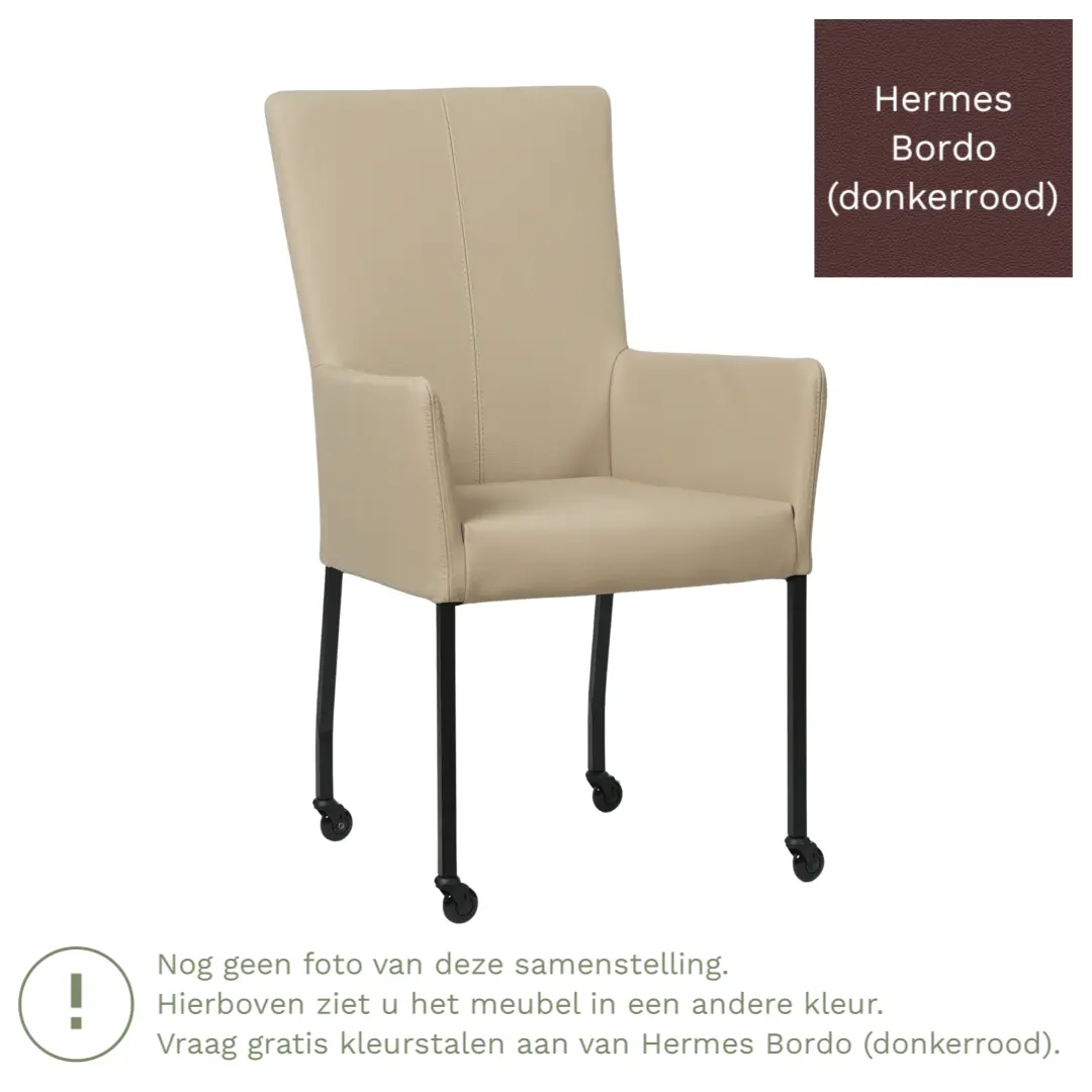 afbeelding van Leren eetkamerstoel Deal met armleuning - Hermes Bordo (donkerrood) - Poten staal vierkant zwart