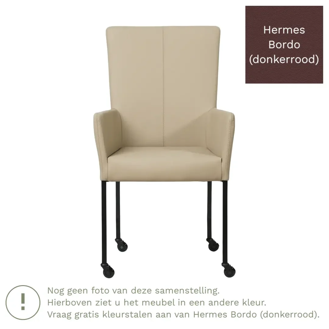 afbeelding van Leren eetkamerstoel Deal met armleuning - Hermes Bordo (donkerrood) - Poten staal vierkant zwart