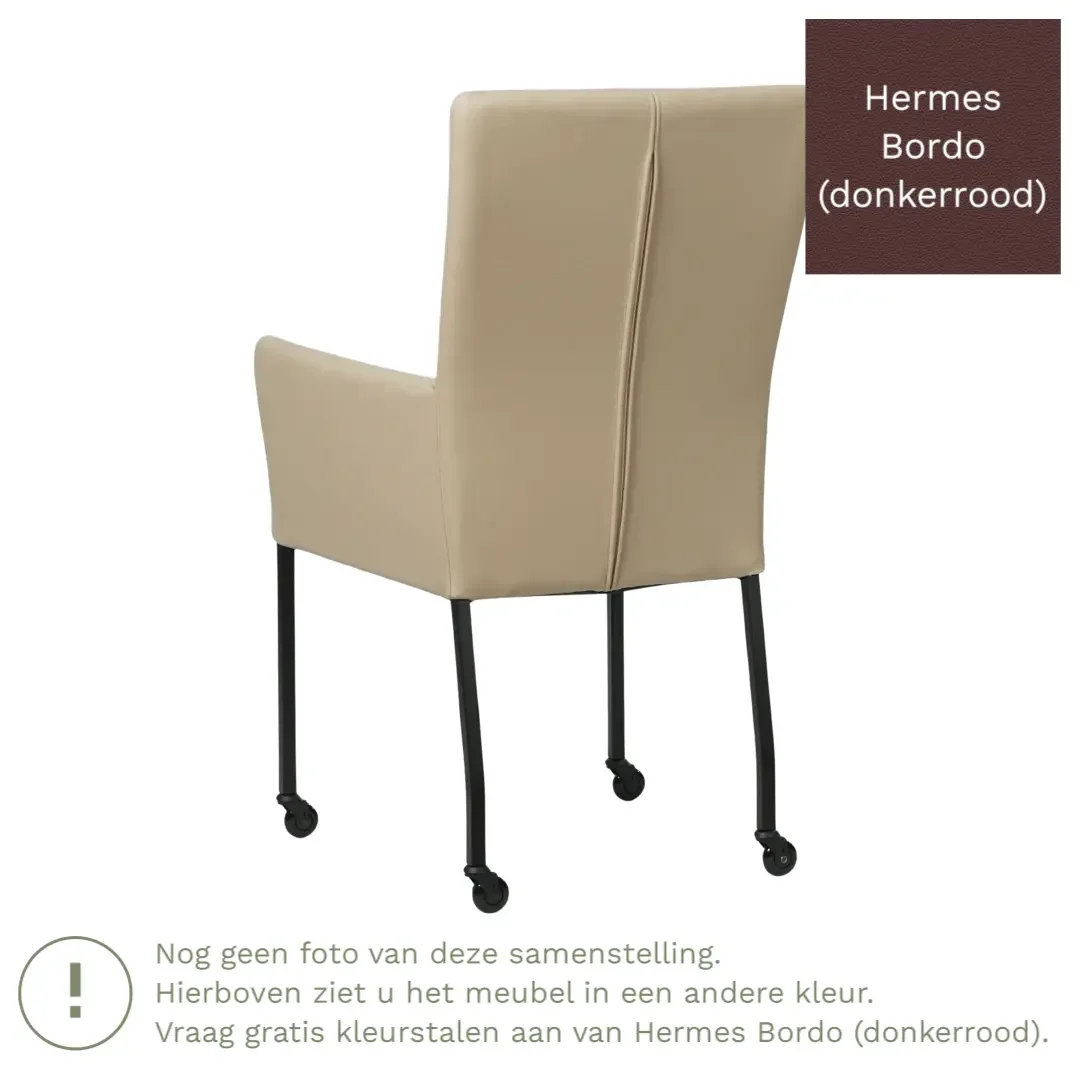 afbeelding van Leren eetkamerstoel Deal met armleuning - Hermes Bordo (donkerrood) - Poten staal vierkant zwart