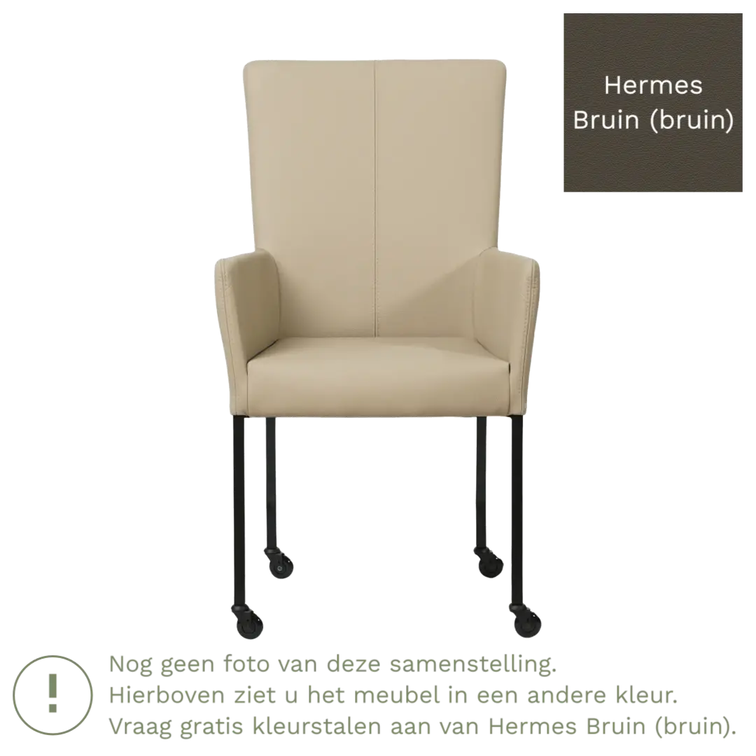 afbeelding van Leren eetkamerstoel Deal met armleuning - Hermes Bruin (bruin) - Poten staal vierkant zwart