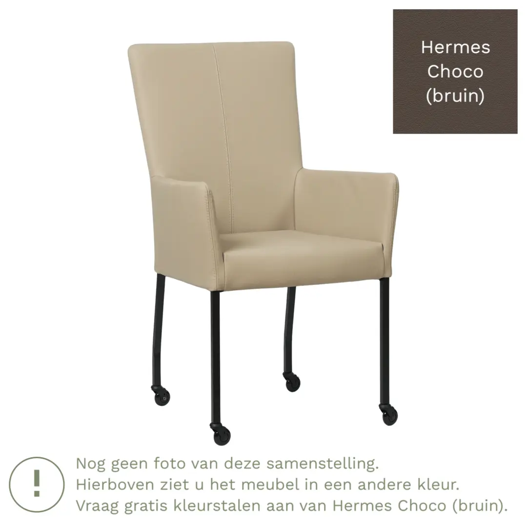 afbeelding van Leren eetkamerstoel Deal met armleuning - Hermes Choco (bruin) - Poten staal vierkant RVS
