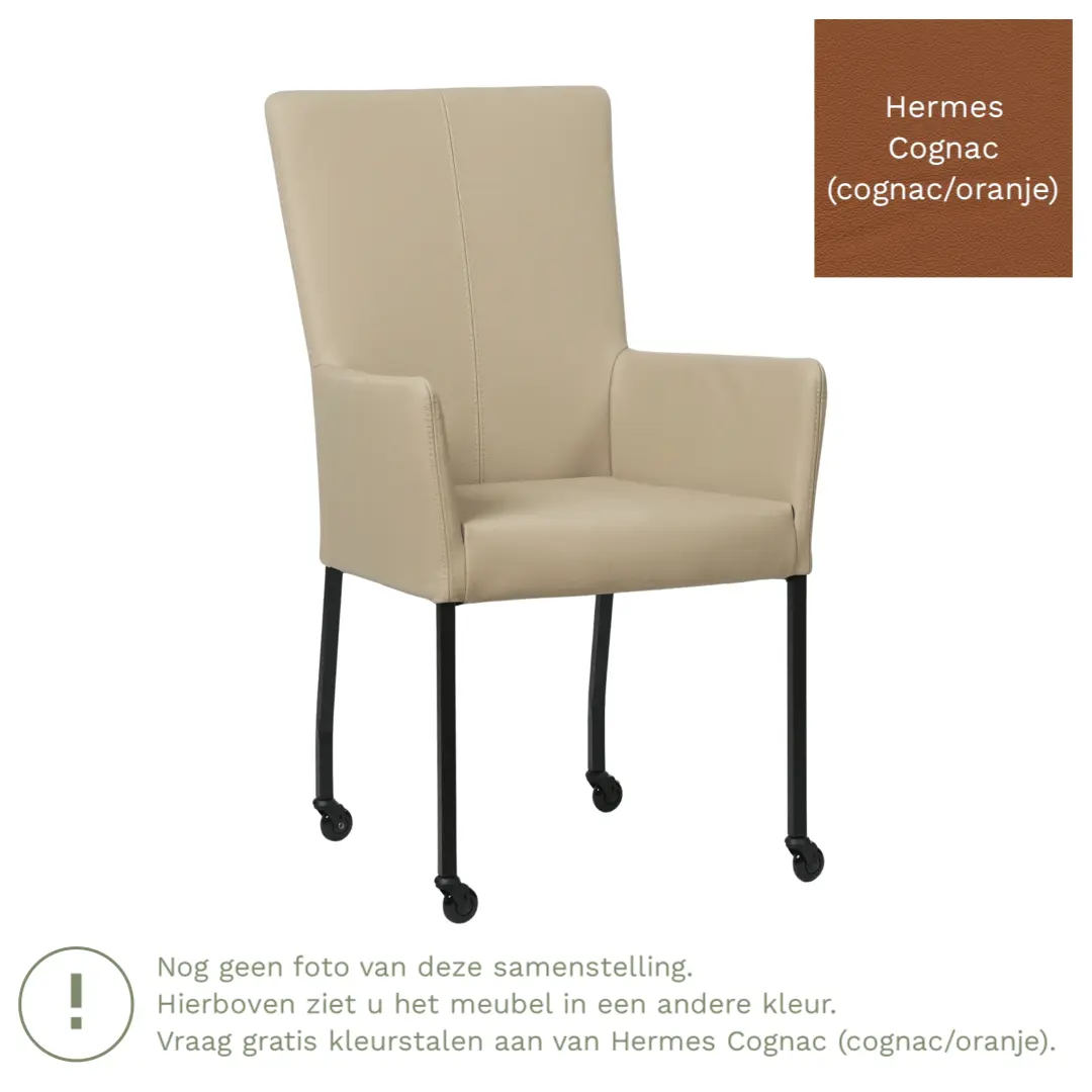 afbeelding van Leren eetkamerstoel Deal met armleuning - Hermes Cognac (cognac/oranje) - Poten staal vierkant RVS