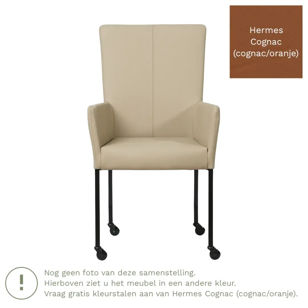 afbeelding van Leren eetkamerstoel Deal met armleuning - Hermes Cognac (cognac/oranje) - Poten staal vierkant RVS